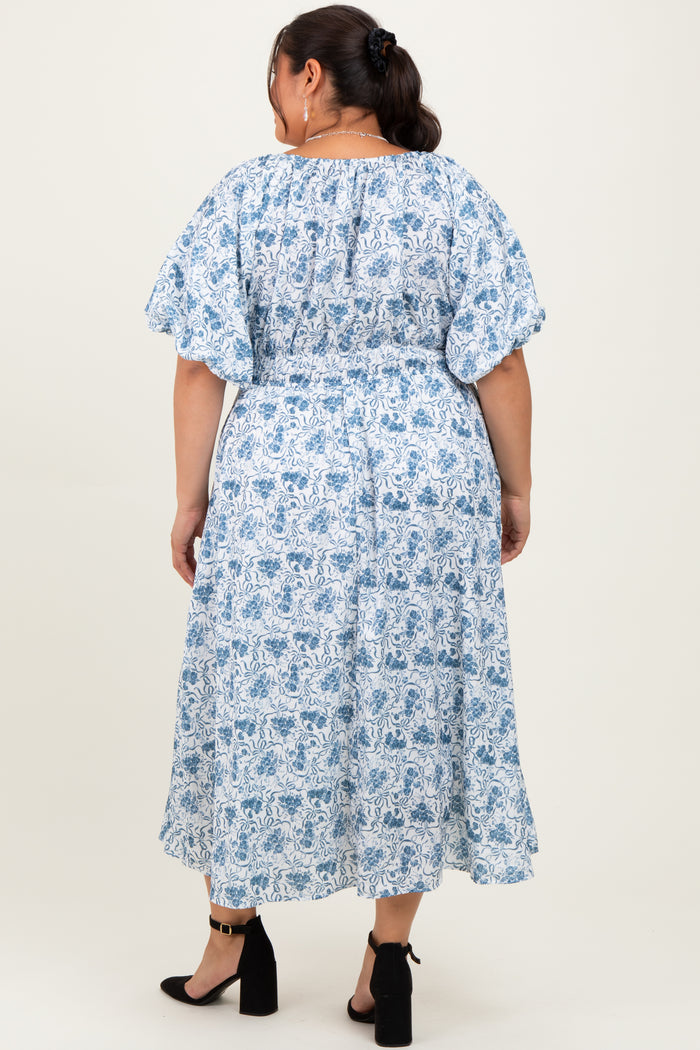Blue Multi Printed Floral Bubble Sleeve Plus Maxi Dress