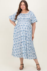 Blue Multi Printed Floral Bubble Sleeve Maternity Plus Maxi Dress