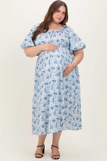 Blue Multi Printed Floral Bubble Sleeve Maternity Plus Maxi Dress