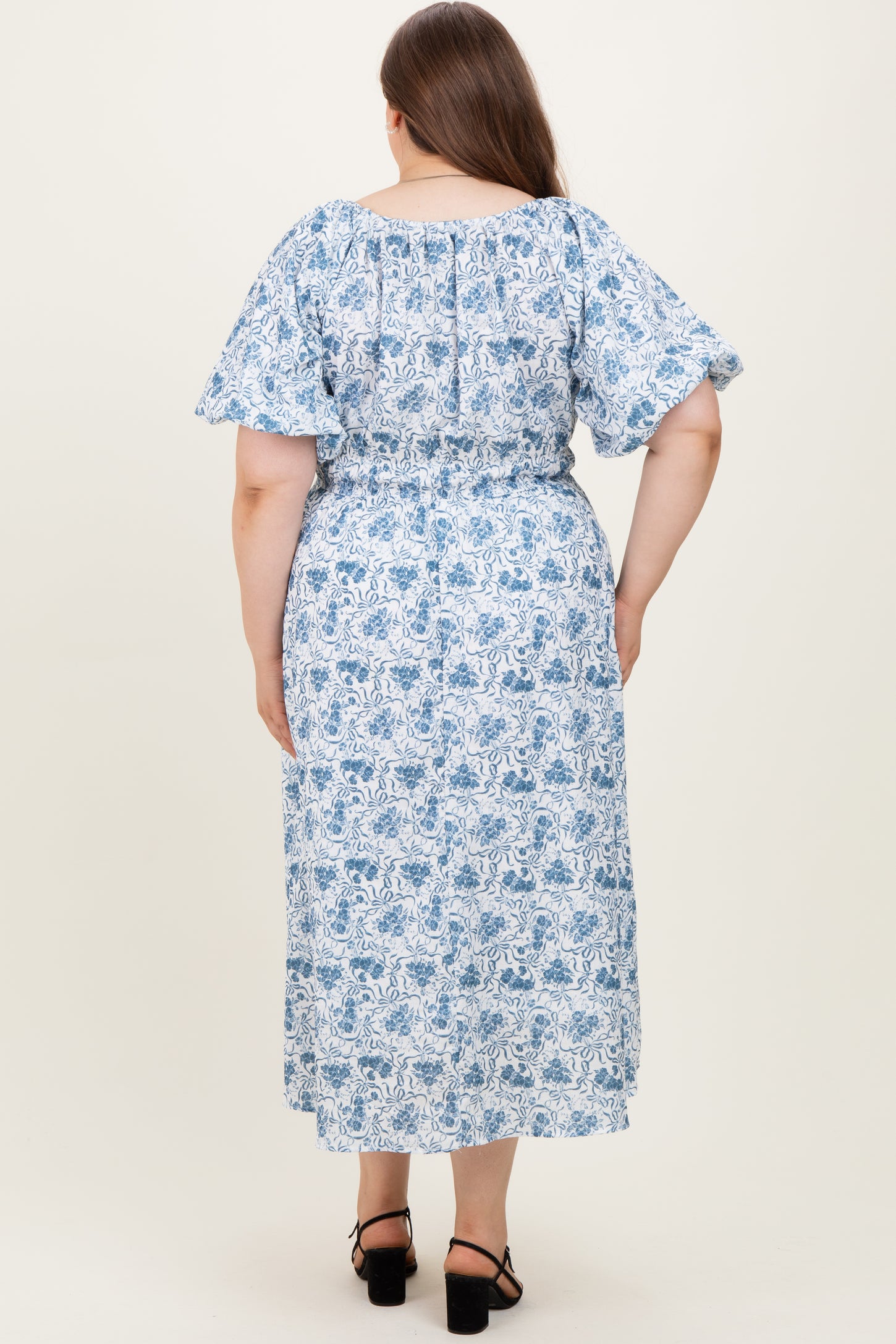 Blue Multi Printed Floral Bubble Sleeve Maternity Plus Maxi Dress