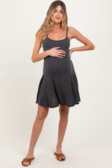 Charcoal Solid Ribbed Knitted Adjustable Strap Sleeveless Maternity Mini Dress