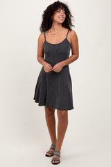 Charcoal Solid Ribbed Knitted Adjustable Strap Sleeveless Mini Dress