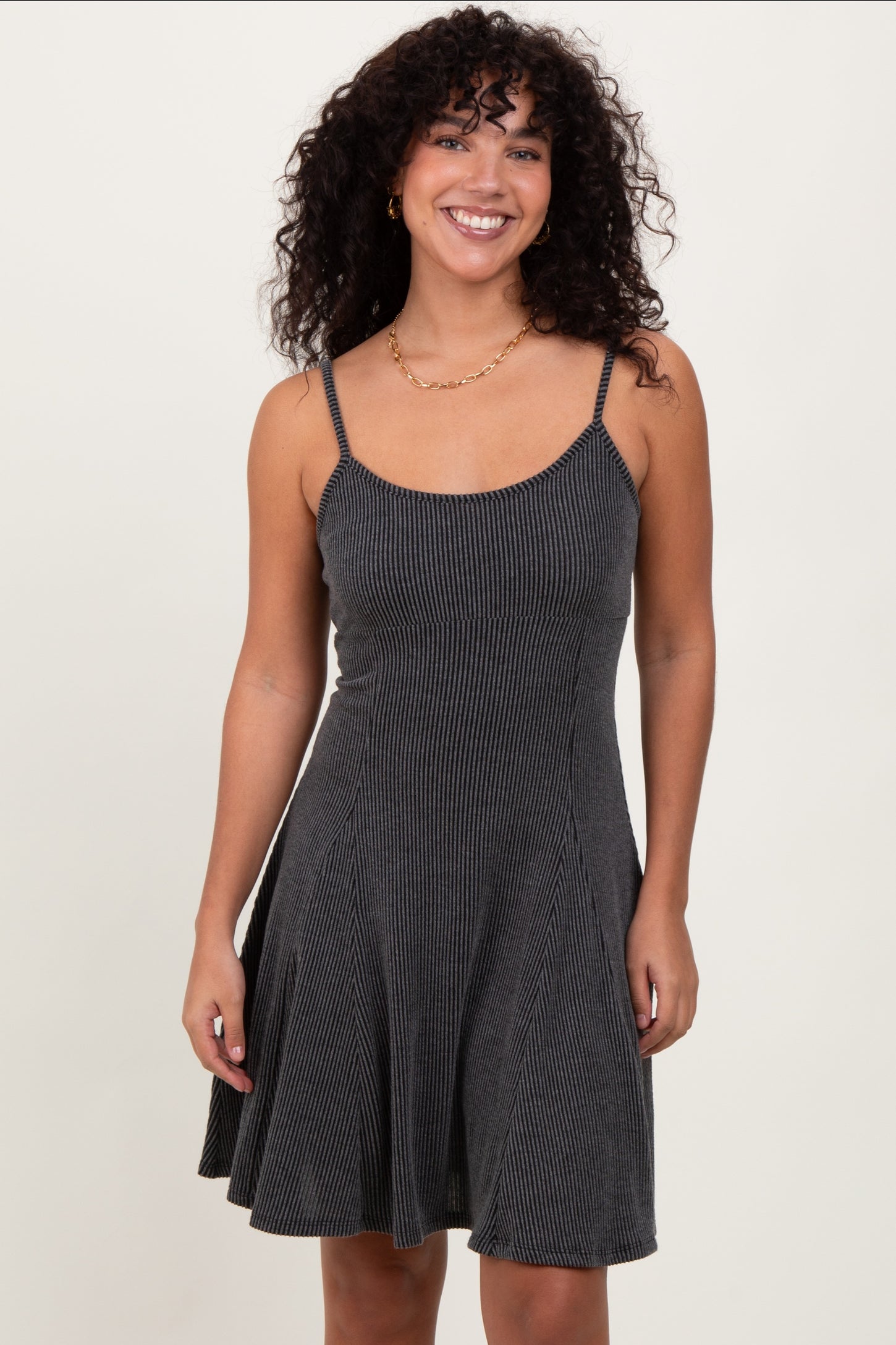 Charcoal Solid Ribbed Knitted Adjustable Strap Sleeveless Mini Dress