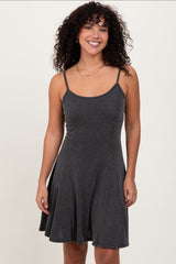 Charcoal Solid Ribbed Knitted Adjustable Strap Sleeveless Mini Dress