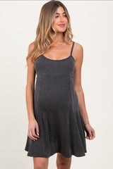 Charcoal Solid Ribbed Knitted Adjustable Strap Sleeveless Maternity Mini Dress