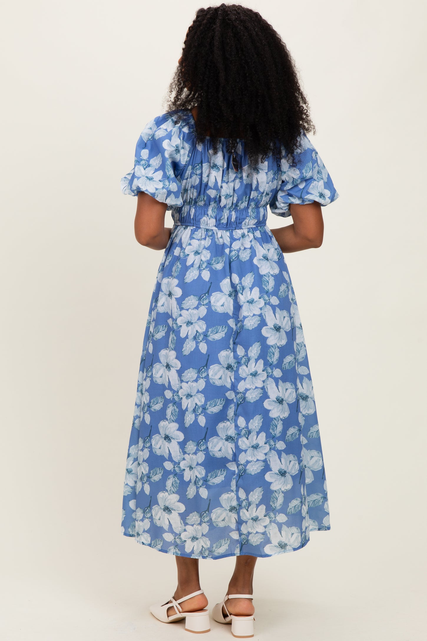 Blue Multi Printed Floral Square Neck Midi Dress