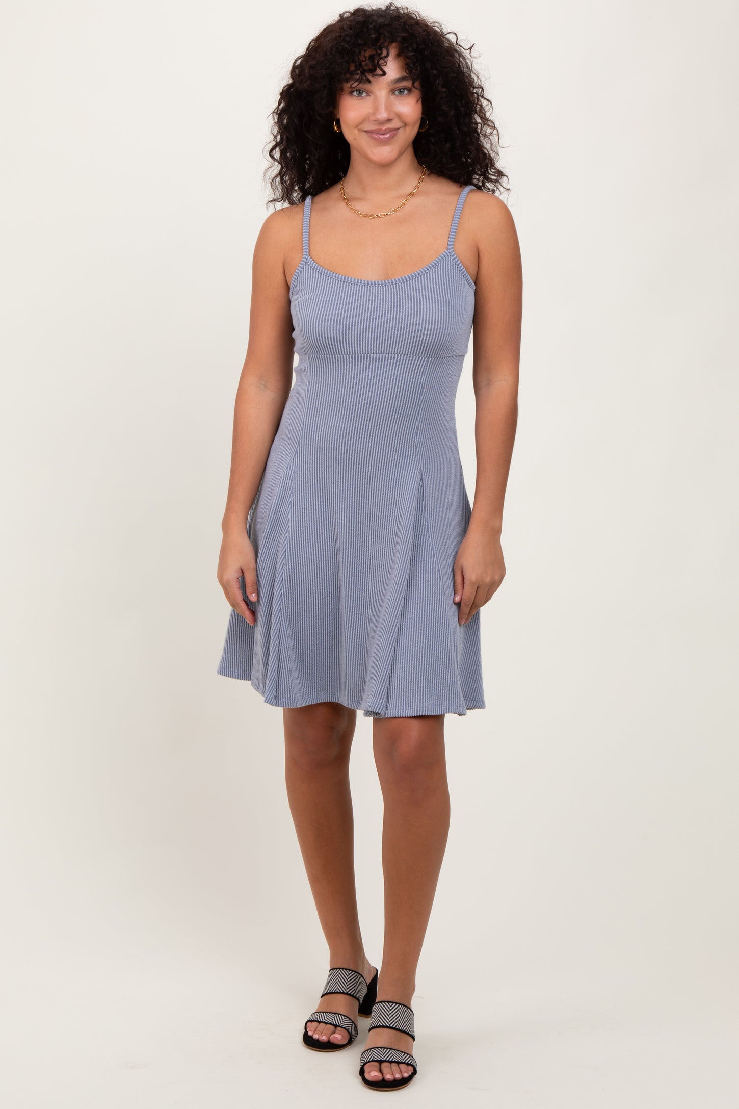 Light Blue Solid Ribbed Knitted Adjustable Strap Sleeveless Mini Dress