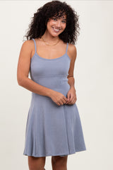 Light Blue Solid Ribbed Knitted Adjustable Strap Sleeveless Maternity Mini Dress