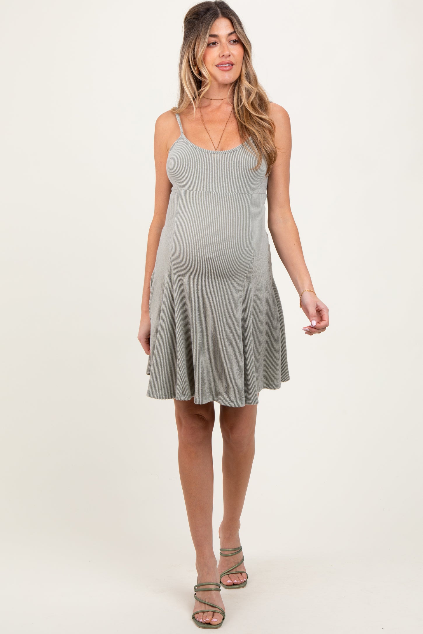 Light Olive Solid Ribbed Knitted Adjustable Strap Sleeveless Maternity Mini Dress