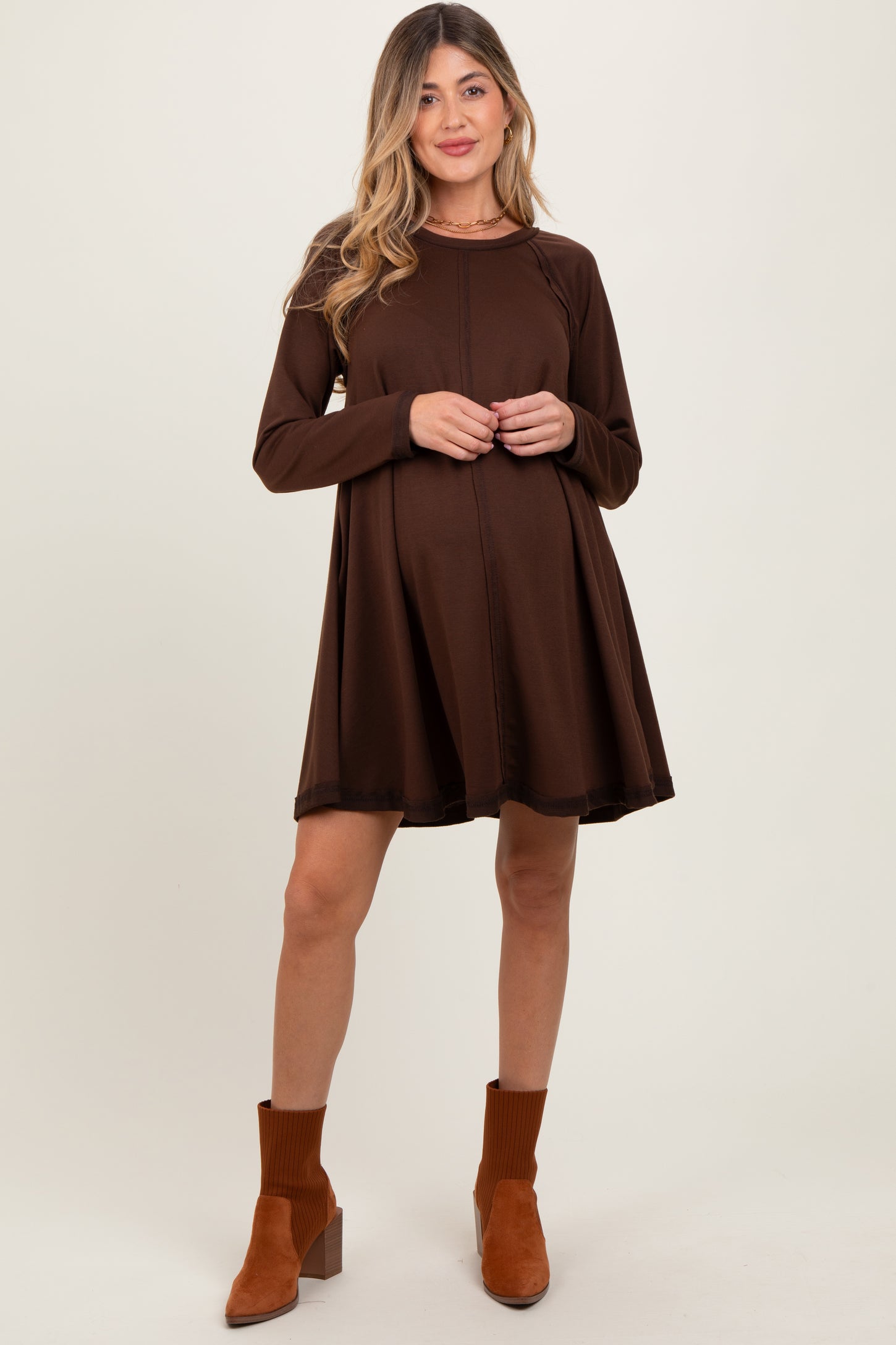 Brown Crew Neck Flared Fit Long Sleeve Maternity Mini Dress