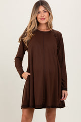 Brown Crew Neck Flared Fit Long Sleeve Maternity Mini Dress