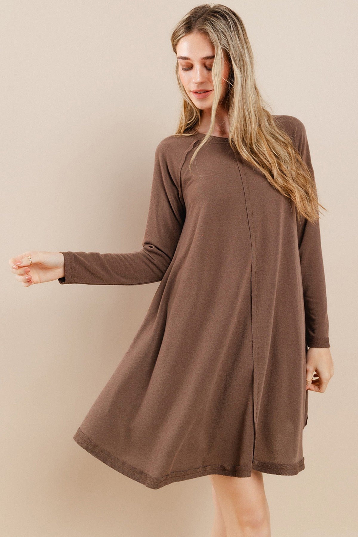Brown Crew Neck Flared Fit Long Sleeve Mini Dress