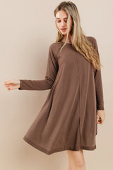 Brown Crew Neck Flared Fit Long Sleeve Maternity Mini Dress