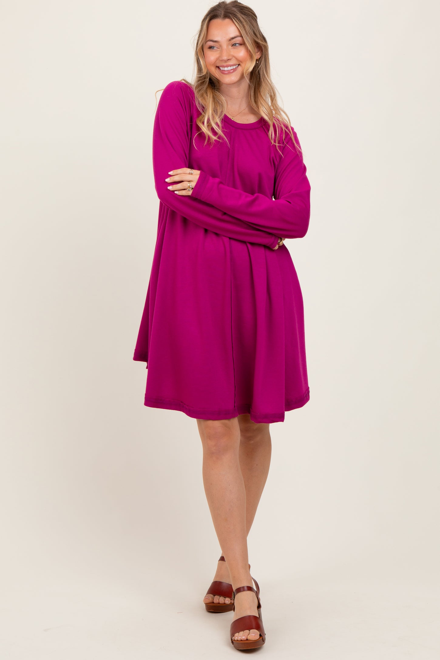 Magenta Crew Neck Flared Fit Long Sleeve Maternity Mini Dress