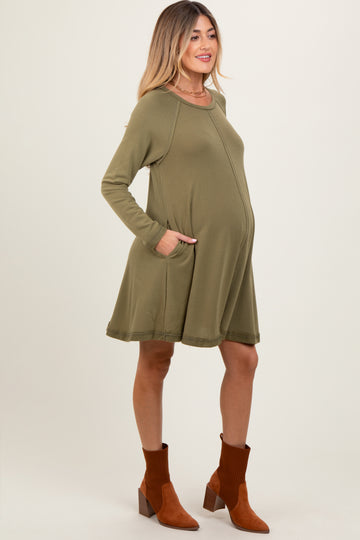 Olive Crew Neck Flared Fit Long Sleeve Maternity Mini Dress