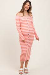Peach Striped Ribbed Button Accent Off Shoulder Maternity Dress