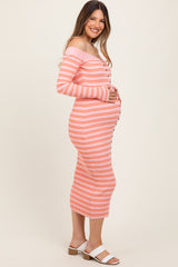 Peach Striped Ribbed Button Accent Off Shoulder Maternity Dress