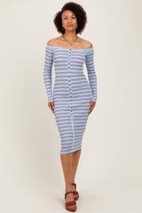 Light Blue Striped Ribbed Button Accent Off Shoulder Dress