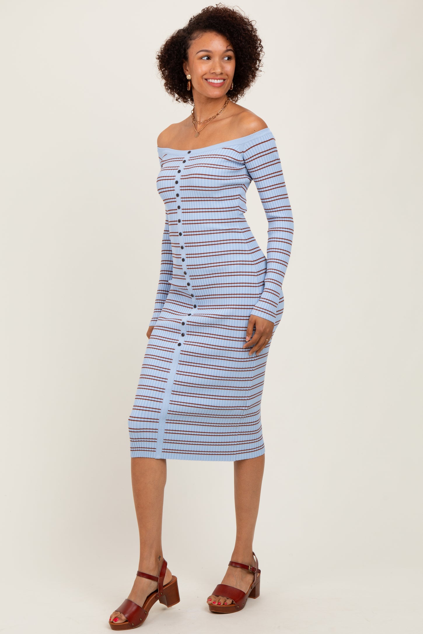 Light Blue Striped Ribbed Button Accent Off Shoulder Dress