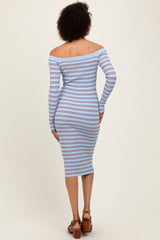 Light Blue Striped Ribbed Button Accent Off Shoulder Dress