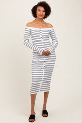 White Striped Ribbed Button Accent Off Shoulder Dress