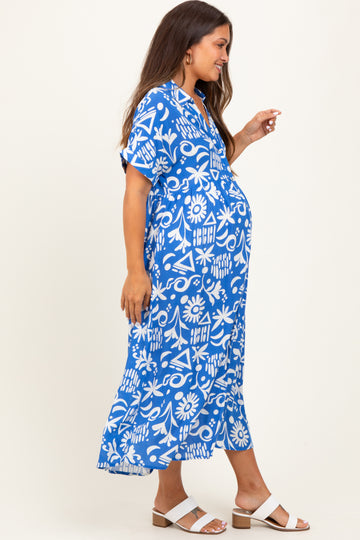 Blue Abstract Floral Shirt Maternity Midi Dress