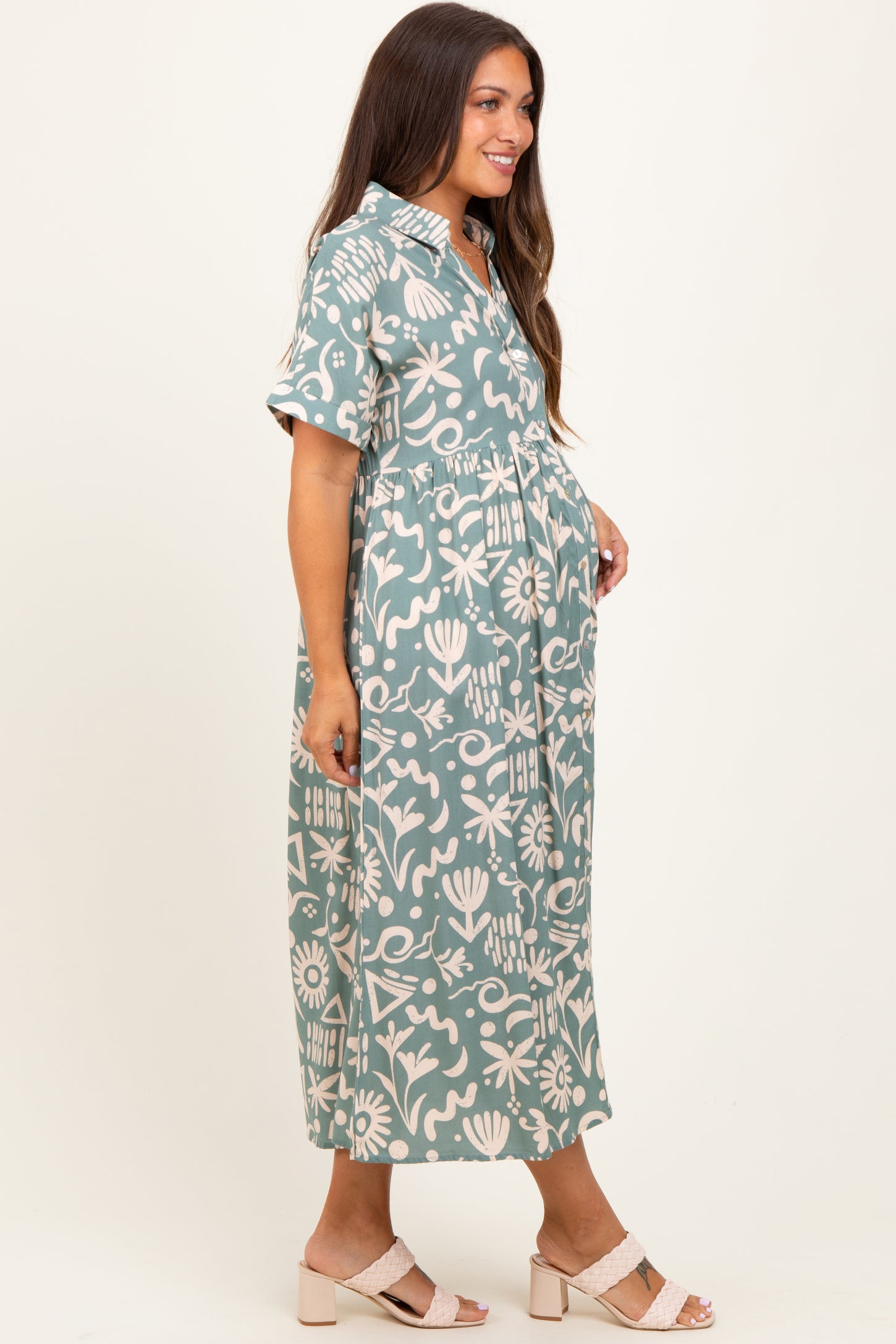 Mint Green Abstract Floral Shirt Maternity Midi Dress