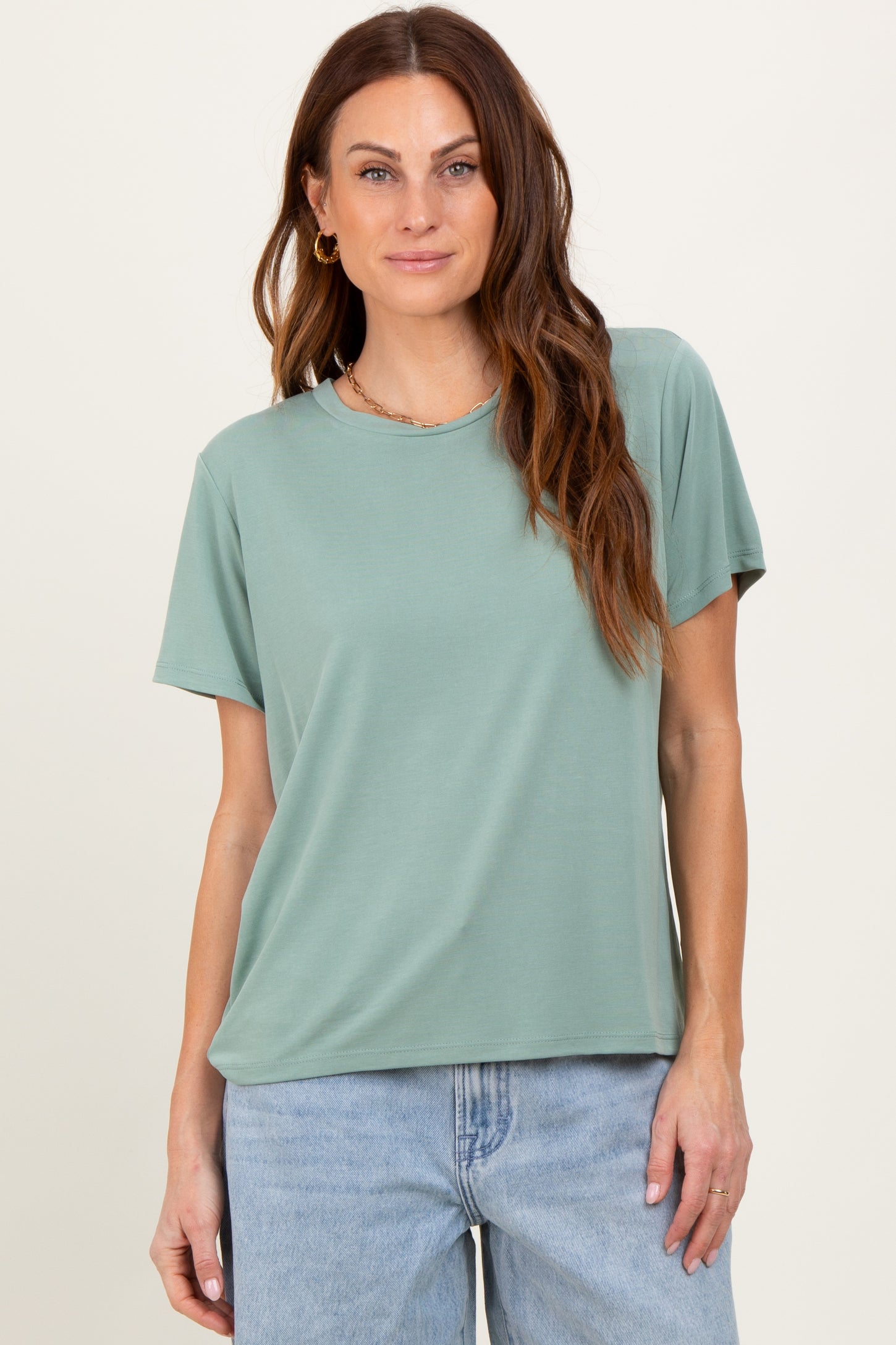 Sage Basic Round Neck Short Sleeve Maternity T-Shirt