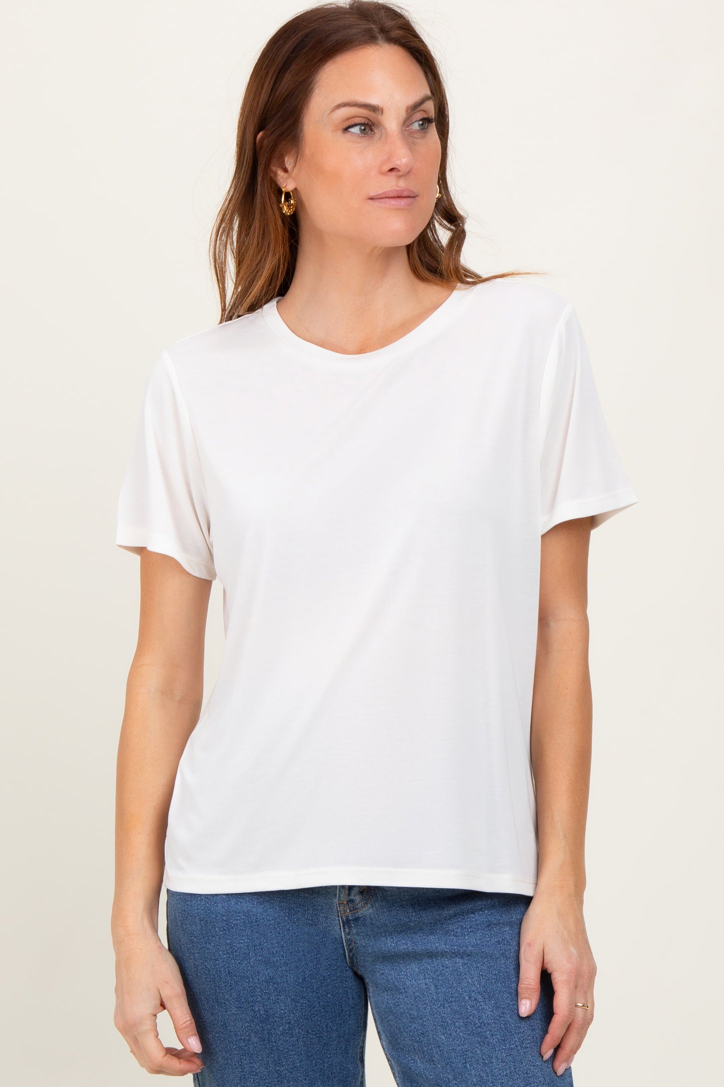 Cream Basic Round Neck Short Sleeve T-Shirt