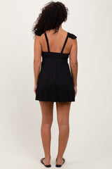 Black Ribbed Ruffle Twist Front Swim Dress
