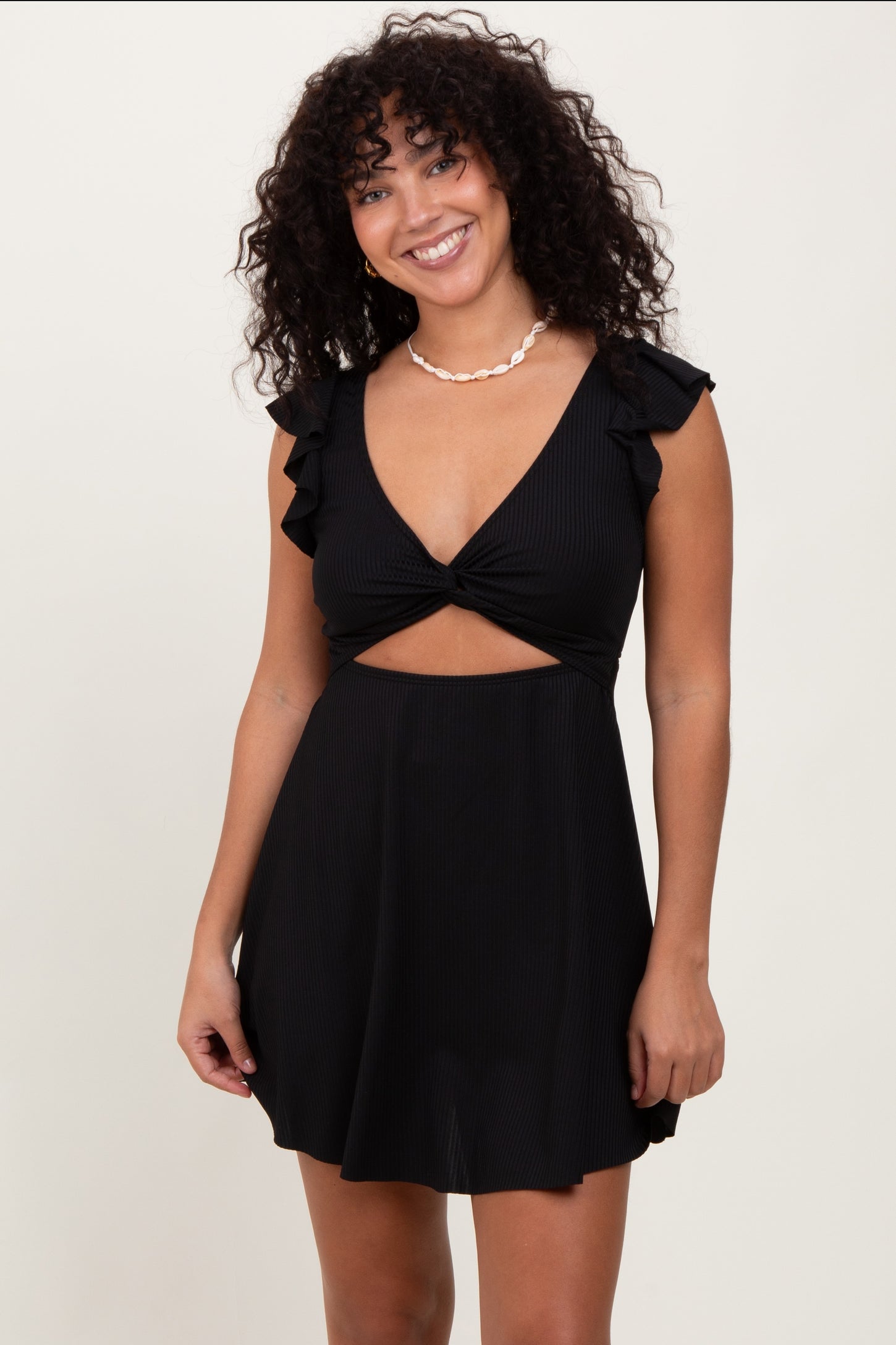Black Ribbed Ruffle Twist Front Swim Dress