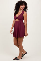 Burgundy Ribbed Ruffle Twist Front Swim Dress