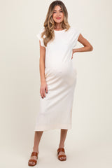 Cream Casual Sleeveless Pocketed Maternity Midi Dress