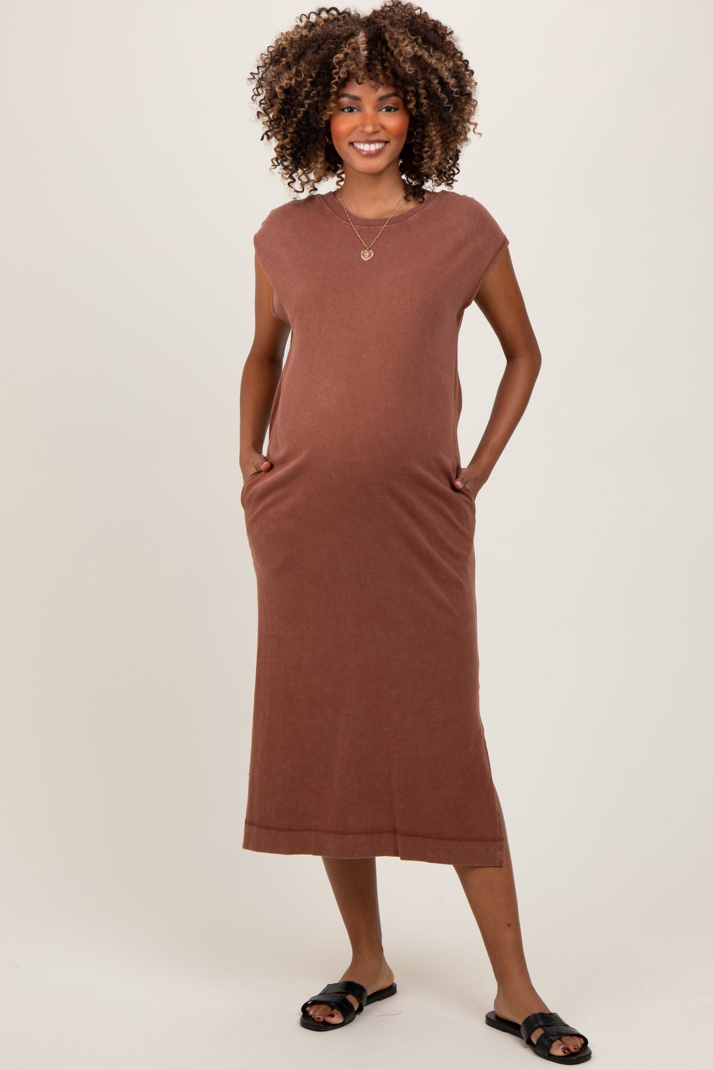 Camel Casual Sleeveless Pocketed Maternity Midi Dress