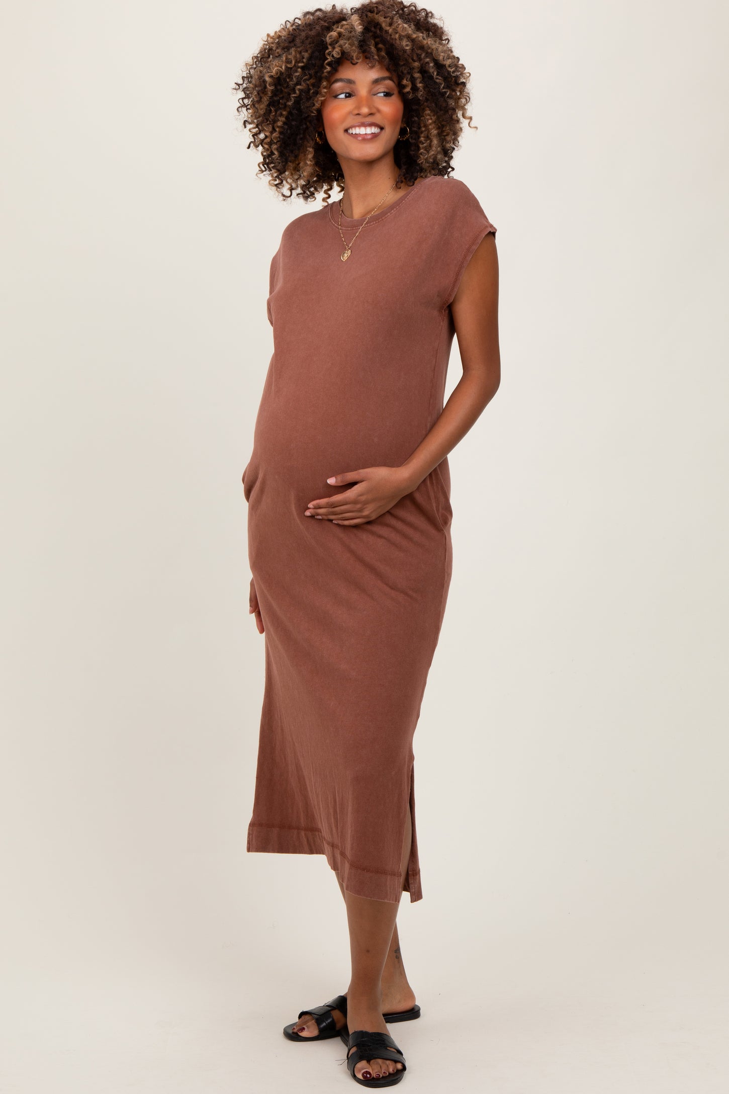 casual midi maternity dress Camel Casual Sleeveless Pocketed Maternity Midi Dress PinkBlush
