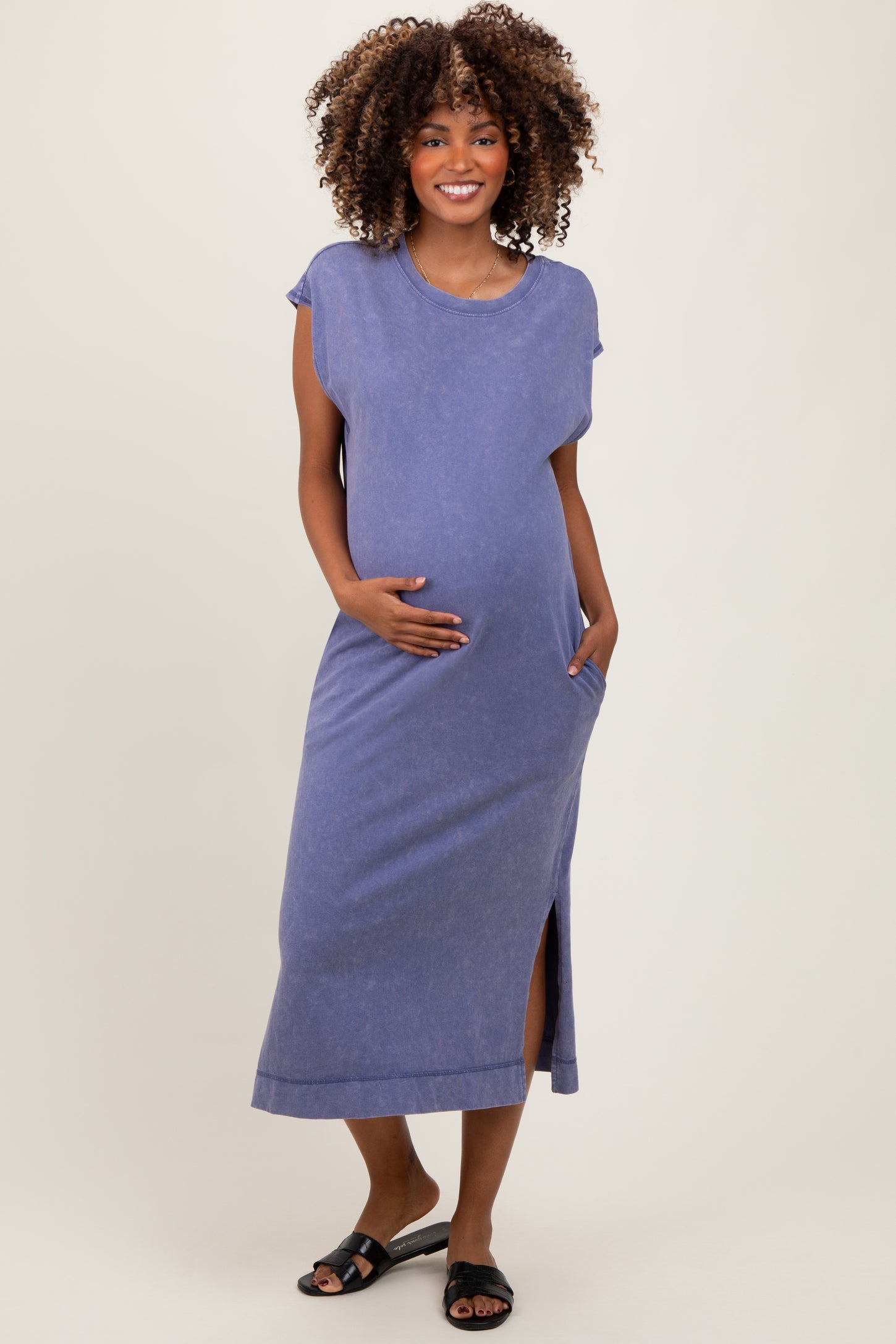 Navy Casual Sleeveless Pocketed Maternity Midi Dress