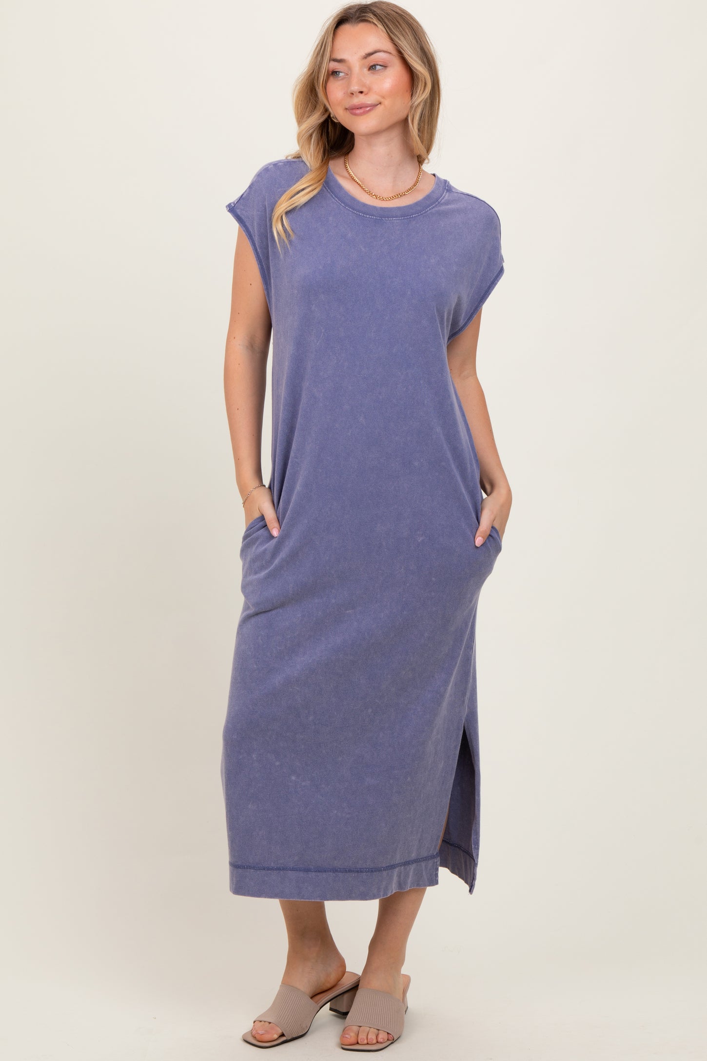 Navy Casual Sleeveless Pocketed Midi Dress PinkBlush Navy Casual Sleeveless Pocketed Midi Dress PinkBlush