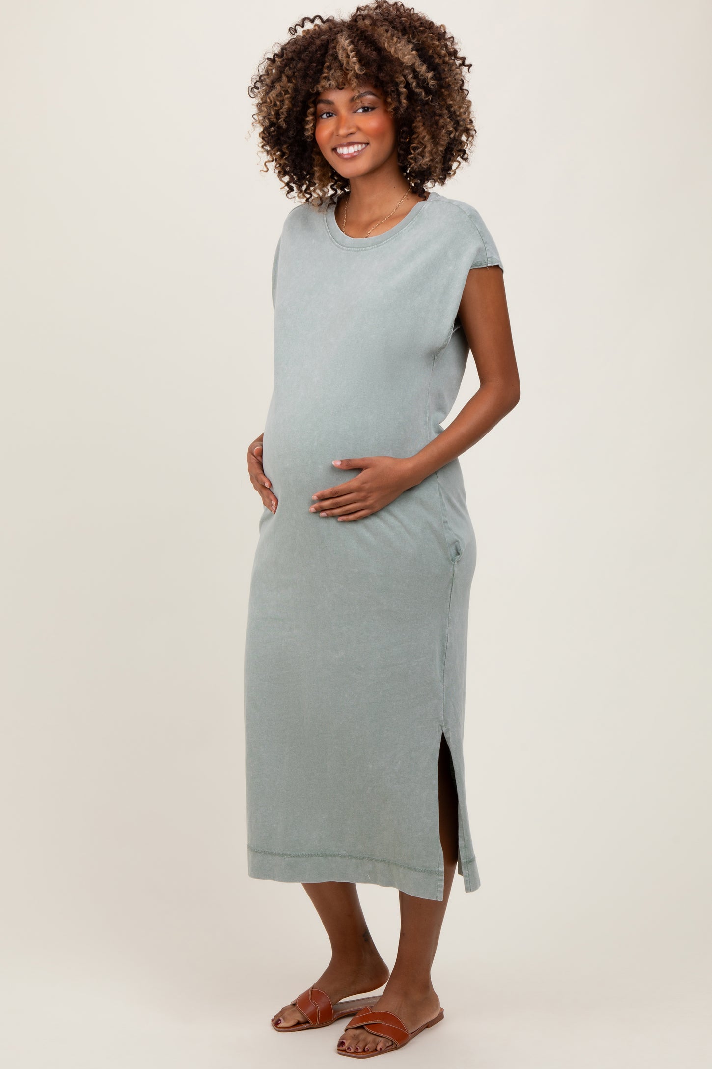 Sage Casual Sleeveless Pocketed Maternity Midi Dress PinkBlush Sage Casual Sleeveless Pocketed Maternity Midi Dress PinkBlush
