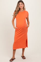 Orange Casual Sleeveless Pocketed Maternity Midi Dress
