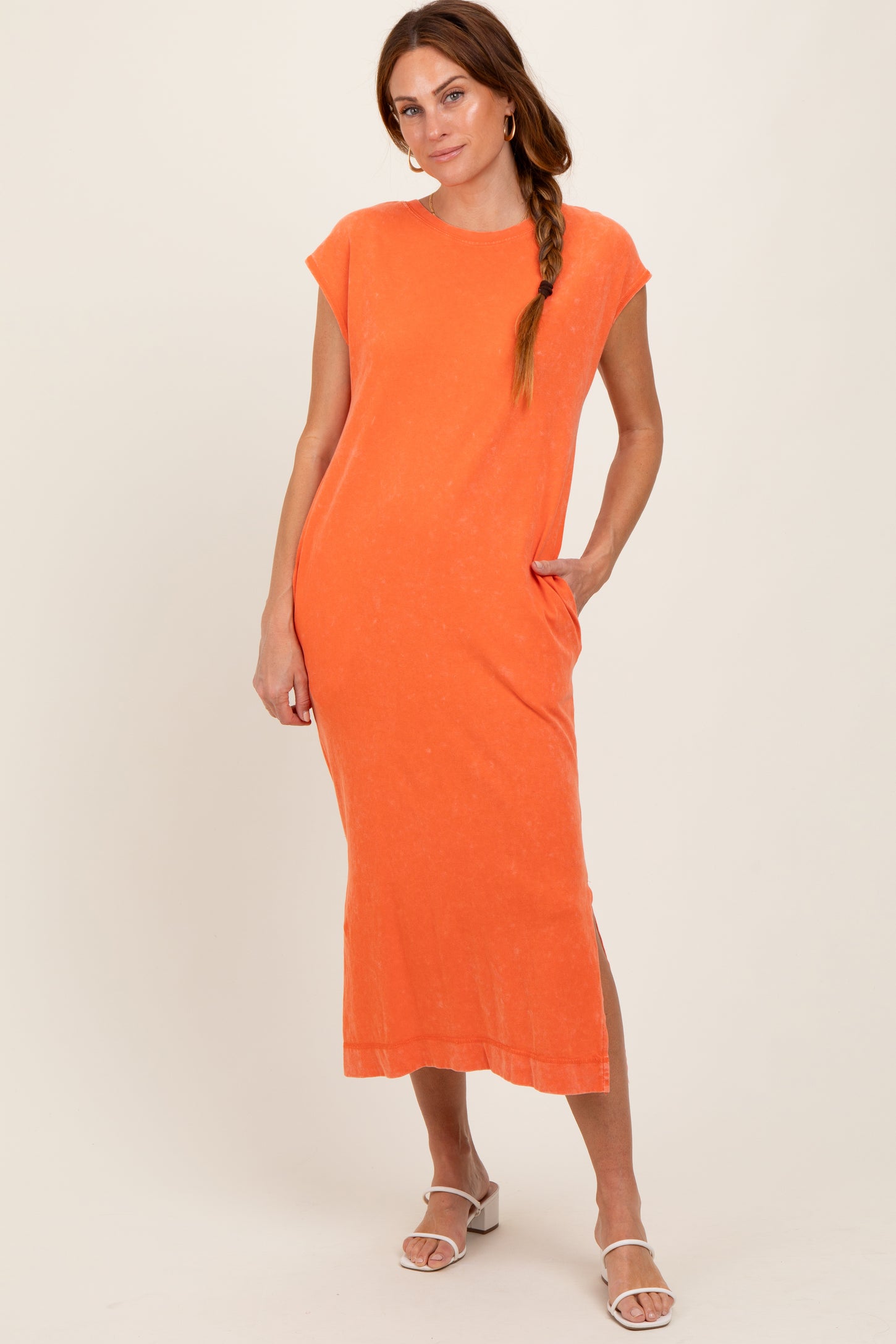 Orange Casual Sleeveless Pocketed Midi Dress – PinkBlush