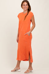 Orange Casual Sleeveless Pocketed Midi Dress