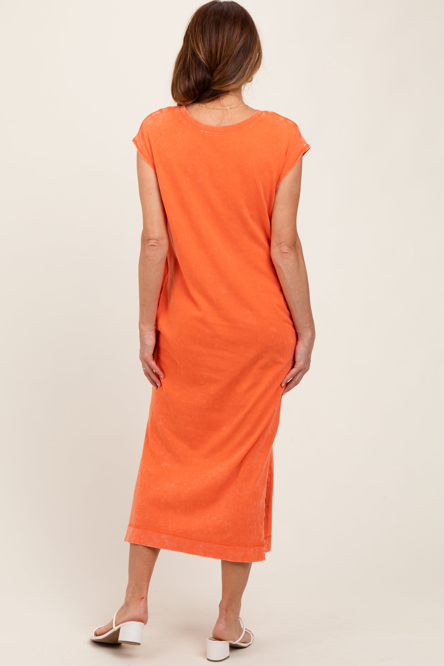Orange Casual Sleeveless Pocketed Midi Dress
