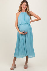 Blue Pleated Woven Maternity Midi Dress