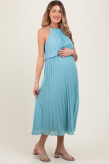 Blue Pleated Woven Maternity Midi Dress