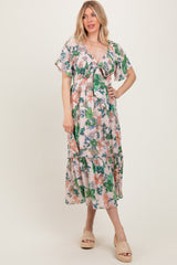 Light Pink Floral Print Woven Midi Dress