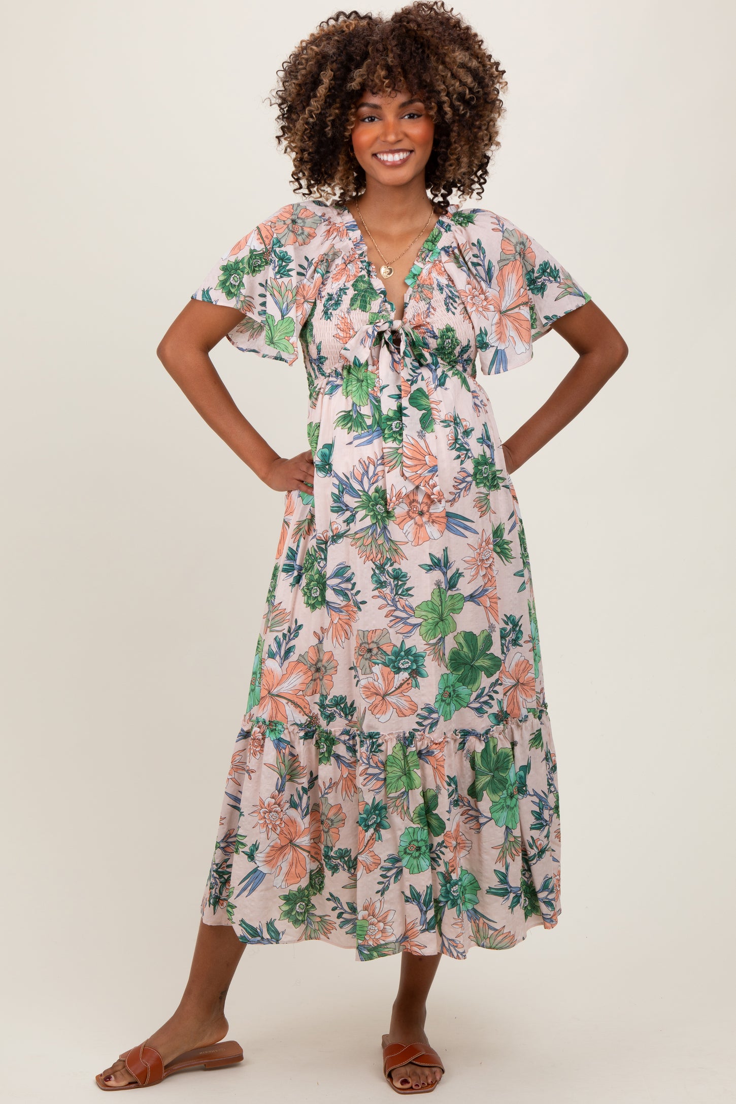 Light Pink Floral Print Woven Maternity Midi Dress