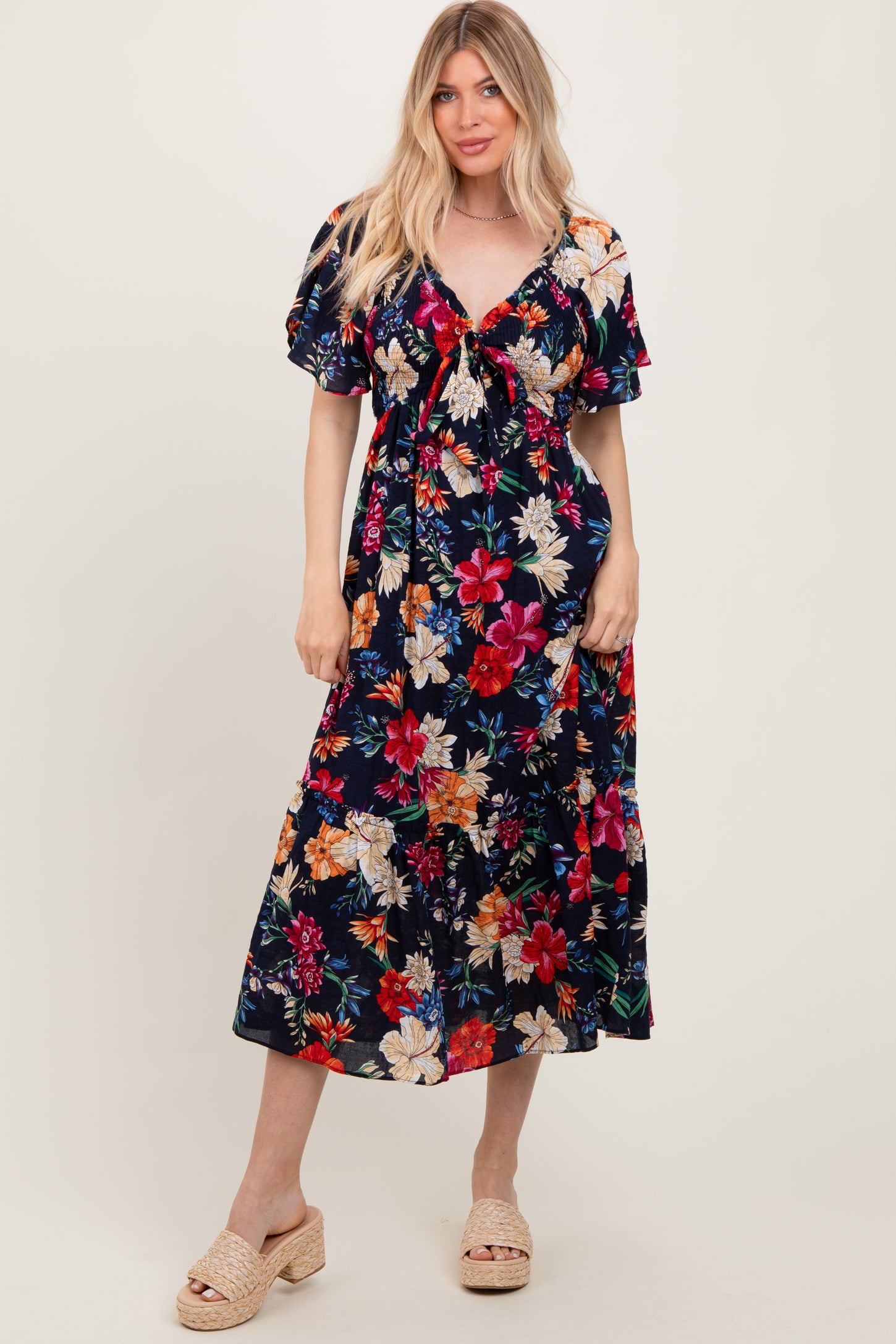Navy Floral Print Woven Maternity Midi Dress