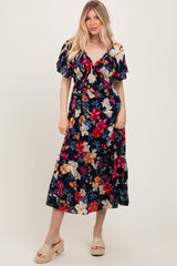 Navy Floral Print Woven Midi Dress