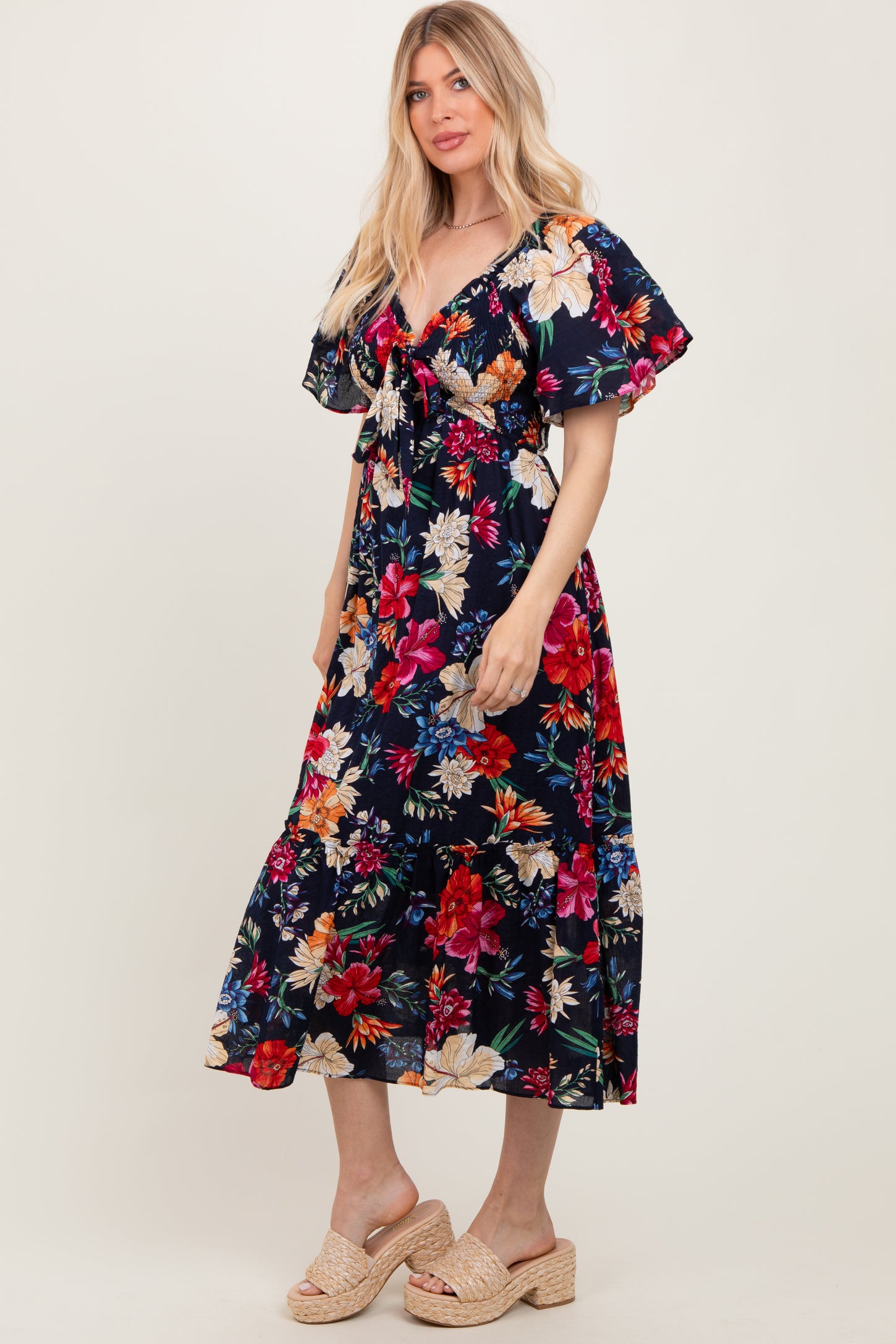 Navy Floral Print Woven Midi Dress