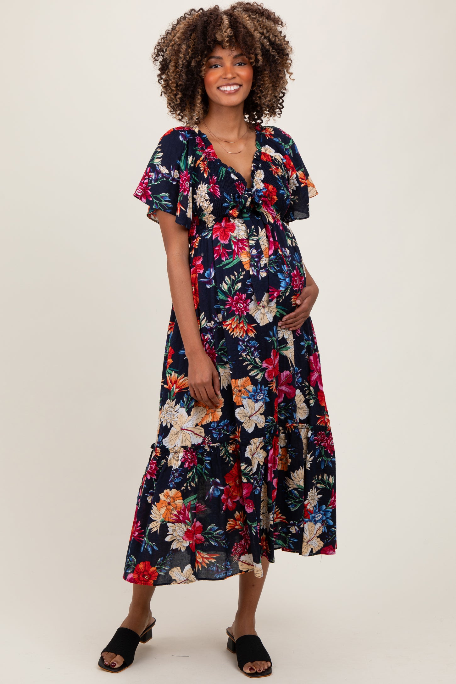 Navy Floral Print Woven Maternity Midi Dress